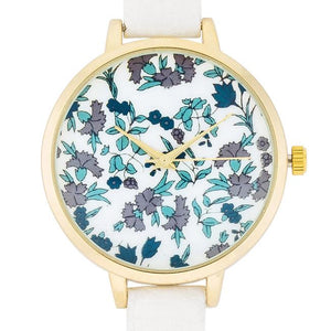 Gold Watch With Floral Print Dial - Jewelry Xoxo