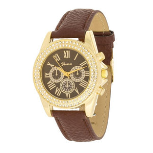 Brown Leather Watch With Crystals - Jewelry Xoxo