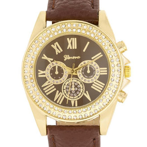 Brown Leather Watch With Crystals - Jewelry Xoxo