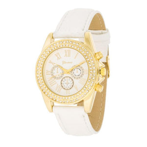 White Leather Watch With Crystals - Jewelry Xoxo