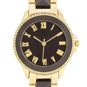 Black And Gold Metal Crystal Watch - Jewelry Xoxo
