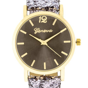 Gold Watch With Glitter Leather Strap - Jewelry Xoxo
