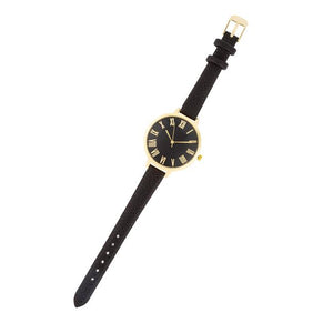 Gold Watch With Black Leather Strap - Jewelry Xoxo