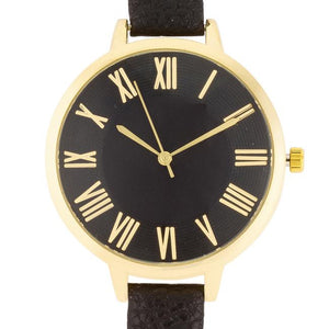 Gold Watch With Black Leather Strap - Jewelry Xoxo