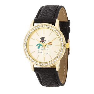 Gold Snowman Crystal Watch With Black Leather Strap - Jewelry Xoxo