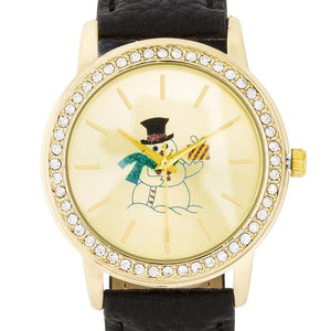 Gold Snowman Crystal Watch With Black Leather Strap - Jewelry Xoxo