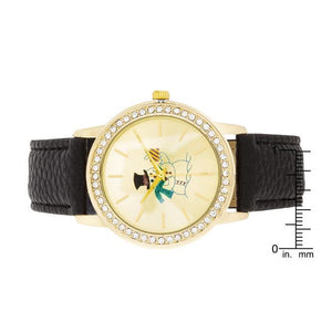 Gold Snowman Crystal Watch With Black Leather Strap - Jewelry Xoxo