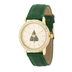 Gold Christmas Crystal Tree Watch With Green Leather Strap - Jewelry Xoxo