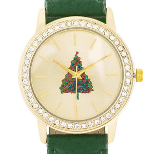 Gold Christmas Crystal Tree Watch With Green Leather Strap - Jewelry Xoxo