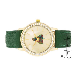 Gold Christmas Crystal Tree Watch With Green Leather Strap - Jewelry Xoxo