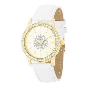 Gold Snowflake Crystal Watch With White Leather Strap - Jewelry Xoxo