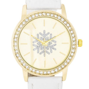 Gold Snowflake Crystal Watch With White Leather Strap - Jewelry Xoxo