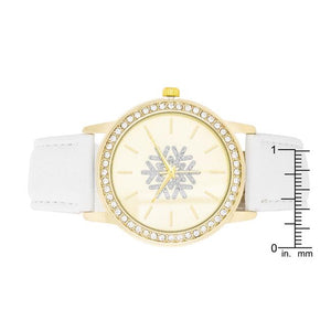 Gold Snowflake Crystal Watch With White Leather Strap - Jewelry Xoxo