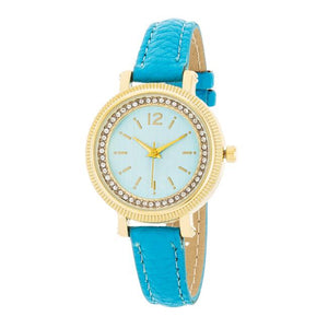 Georgia Gold Crystal Watch With Turquoise Leather Strap - Jewelry Xoxo