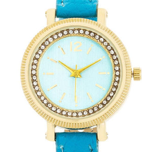 Georgia Gold Crystal Watch With Turquoise Leather Strap - Jewelry Xoxo