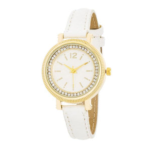 Georgia Gold Crystal Watch With White Leather Strap - Jewelry Xoxo