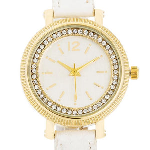 Georgia Gold Crystal Watch With White Leather Strap - Jewelry Xoxo