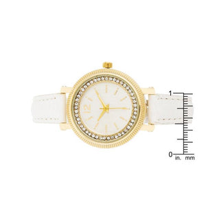 Georgia Gold Crystal Watch With White Leather Strap - Jewelry Xoxo