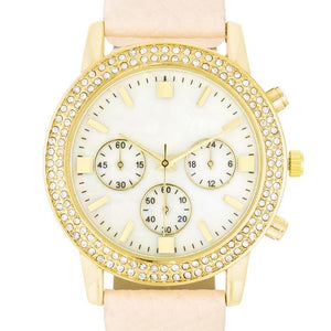 Shell Pearl Dial Watch With Crystals - Jewelry Xoxo