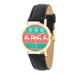 Gold Holiday Watch With Black Leather Strap - Jewelry Xoxo