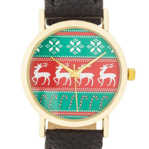 Gold Holiday Watch With Black Leather Strap - Jewelry Xoxo