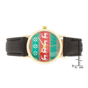 Gold Holiday Watch With Black Leather Strap - Jewelry Xoxo