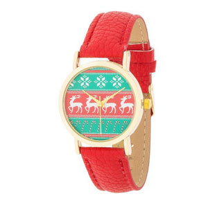 Gold Holiday Watch With Red Leather Strap - Jewelry Xoxo