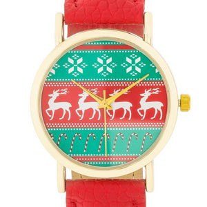 Gold Holiday Watch With Red Leather Strap - Jewelry Xoxo