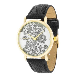 Gold Watch With Floral Print Dial - Jewelry Xoxo