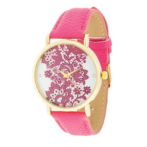 Gold Watch With Floral Print Dial - Jewelry Xoxo