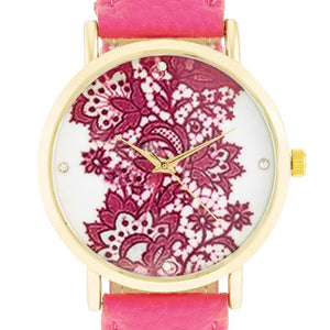 Gold Watch With Floral Print Dial - Jewelry Xoxo