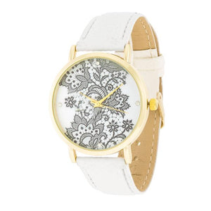 Gold Watch With Floral Print Dial - Jewelry Xoxo