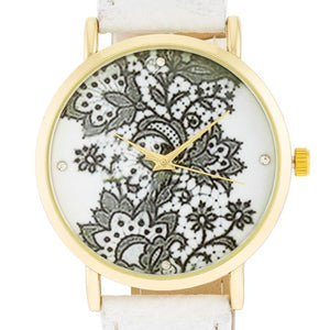 Gold Watch With Floral Print Dial - Jewelry Xoxo