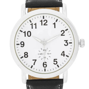 Silver Classic Watch With Black Leather Strap - Jewelry Xoxo