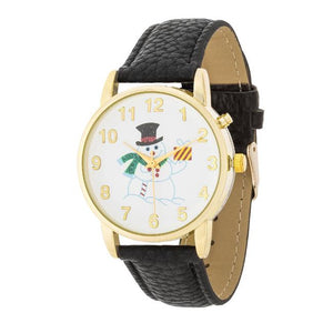 Gold Holiday Tune Watch With Black Leather Strap - Jewelry Xoxo