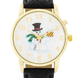 Gold Holiday Tune Watch With Black Leather Strap - Jewelry Xoxo