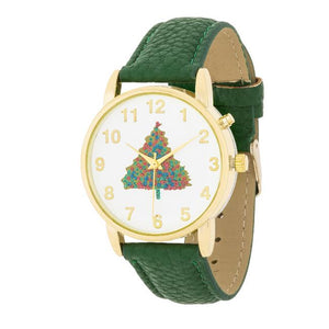 Gold Holiday Tune Watch With Green Leather Strap - Jewelry Xoxo