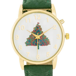 Gold Holiday Tune Watch With Green Leather Strap - Jewelry Xoxo