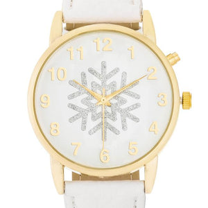 Gold Holiday Tune Watch With White Leather Strap - Jewelry Xoxo