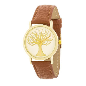 Fashion Tree Dial Watch With Leather Band - Jewelry Xoxo