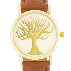 Fashion Tree Dial Watch With Leather Band - Jewelry Xoxo