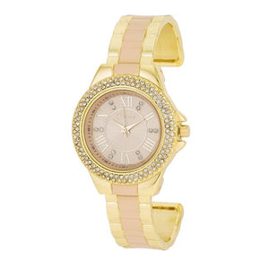 Gold Metal Cuff Watch With Crystals - Beige - Jewelry Xoxo