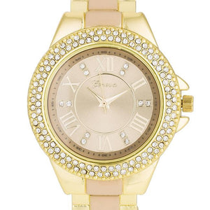 Gold Metal Cuff Watch With Crystals - Beige - Jewelry Xoxo