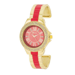 Gold Metal Cuff Watch With Crystals - Coral - Jewelry Xoxo