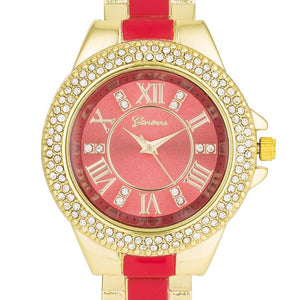 Gold Metal Cuff Watch With Crystals - Coral - Jewelry Xoxo