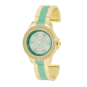 Gold Metal Cuff Watch With Crystals - Mint - Jewelry Xoxo