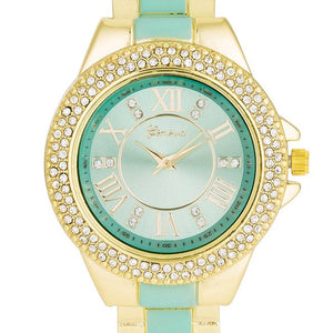 Gold Metal Cuff Watch With Crystals - Mint - Jewelry Xoxo
