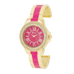Gold Metal Cuff Watch With Crystals - Pink - Jewelry Xoxo