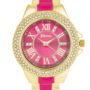 Gold Metal Cuff Watch With Crystals - Pink - Jewelry Xoxo