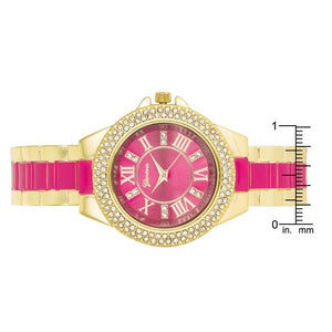 Gold Metal Cuff Watch With Crystals - Pink - Jewelry Xoxo